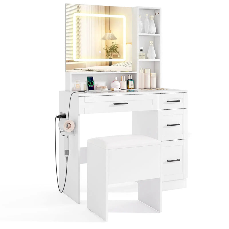 Dressing Desk with 3 Color Lighting and Hair Dryer Stand-White by DirectDeals