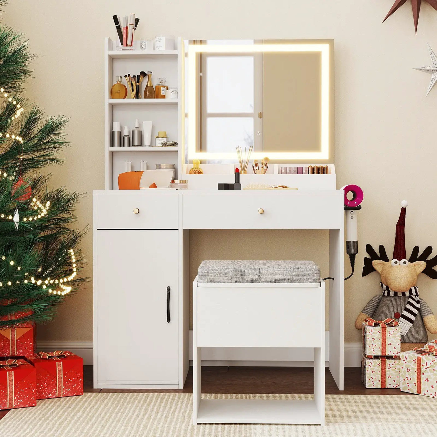 Vanity Dressing Table and Chair Set with Mirror and Lights by DirectDeals