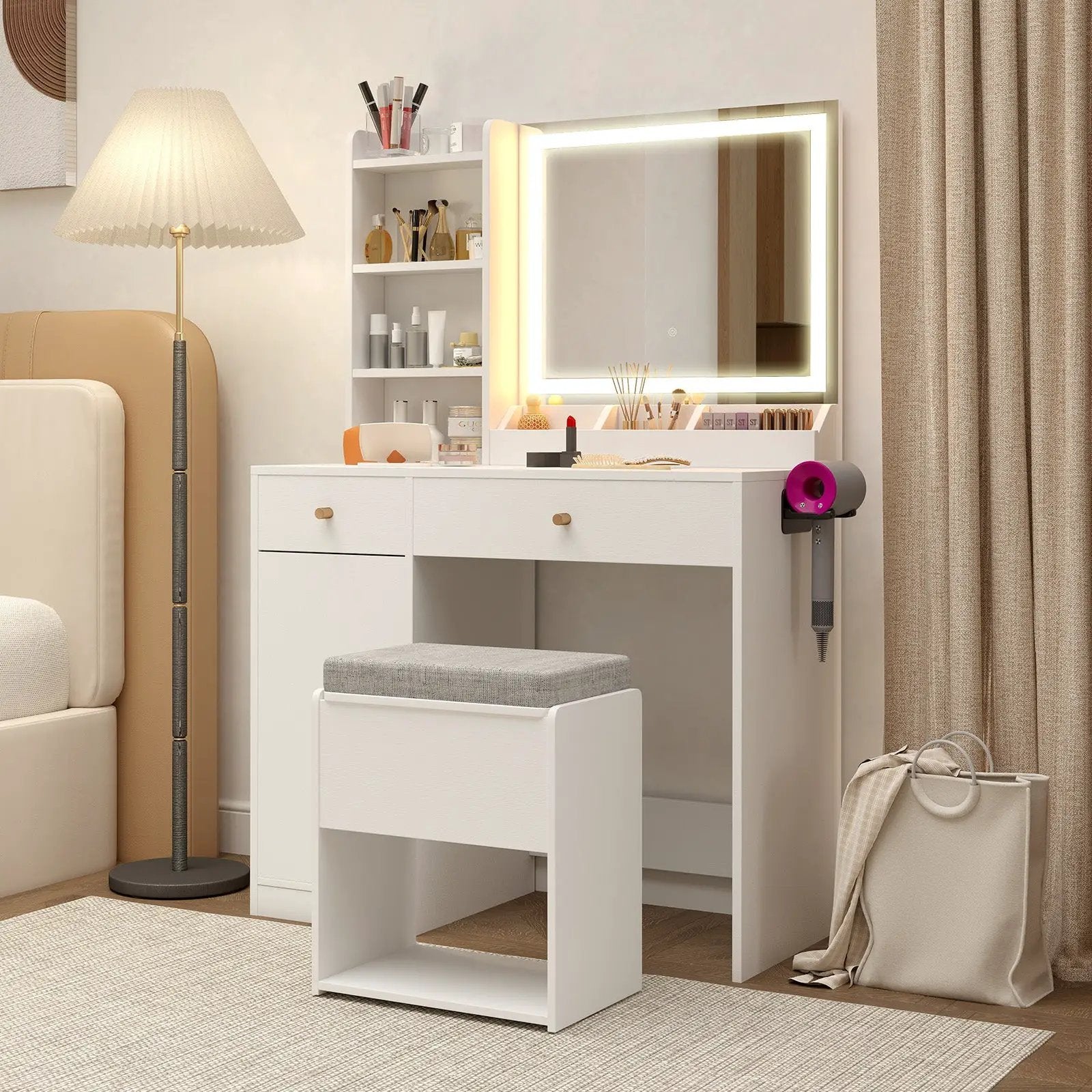 Vanity Dressing Table and Chair Set with Mirror and Lights by DirectDeals