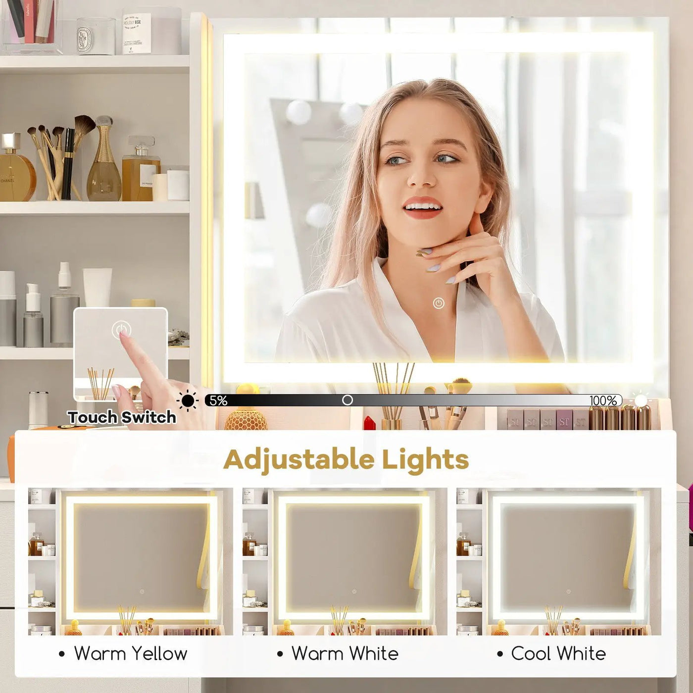 Vanity Dressing Table and Chair Set with Mirror and Lights by DirectDeals