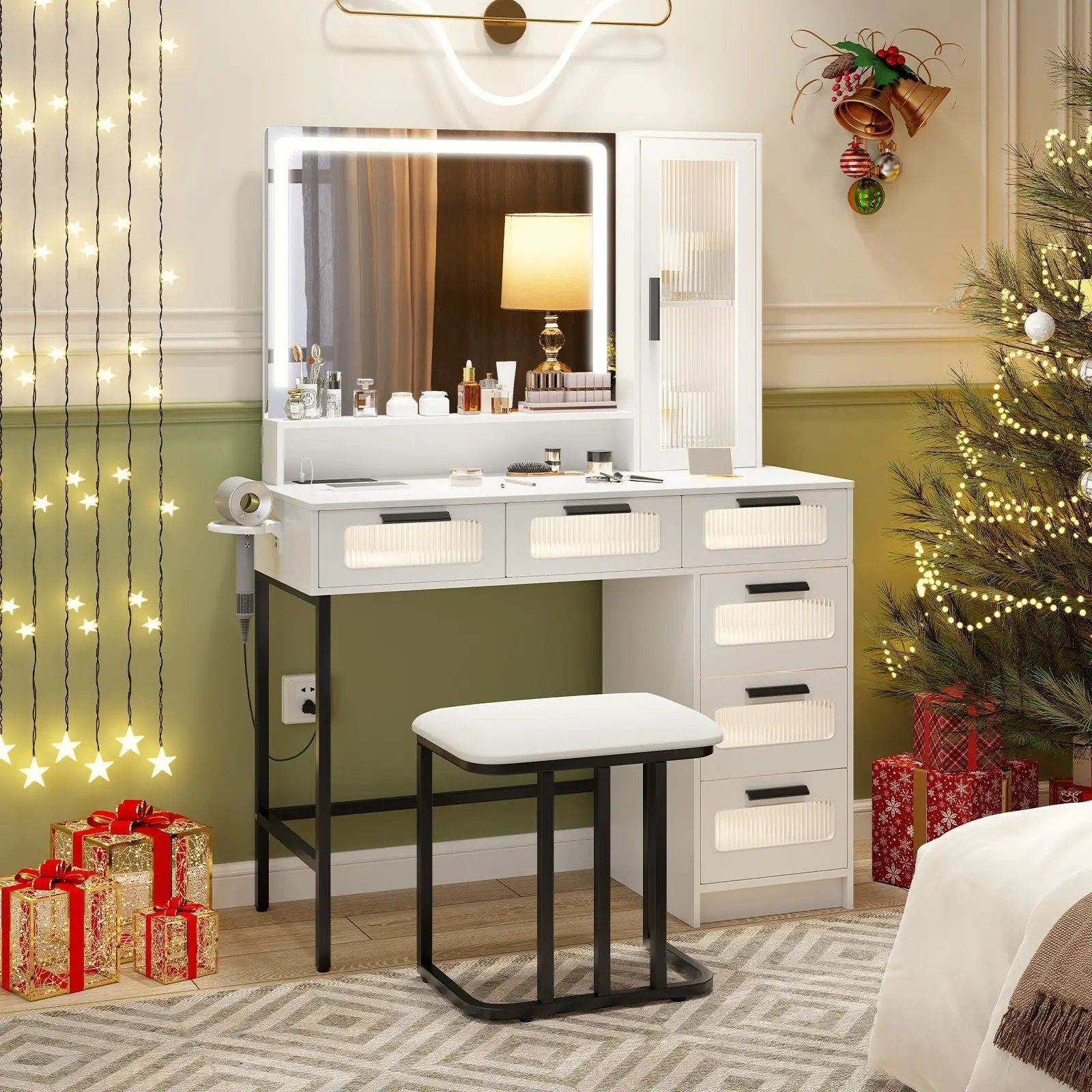 Makeup Vanity Dressing Table and Stool Set with Lights and Charging Station-White by DirectDeals