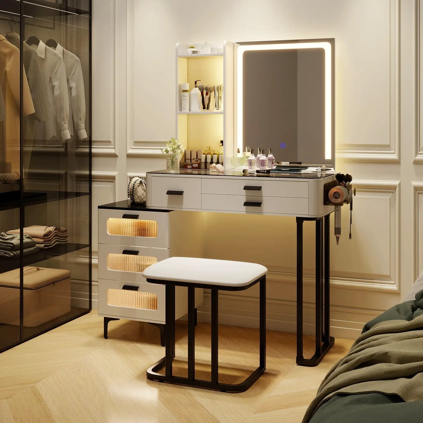 Makeup Vanity Dressing Table and Stool Set with Mirror and 3-Color LED Lights-White by DirectDeals
