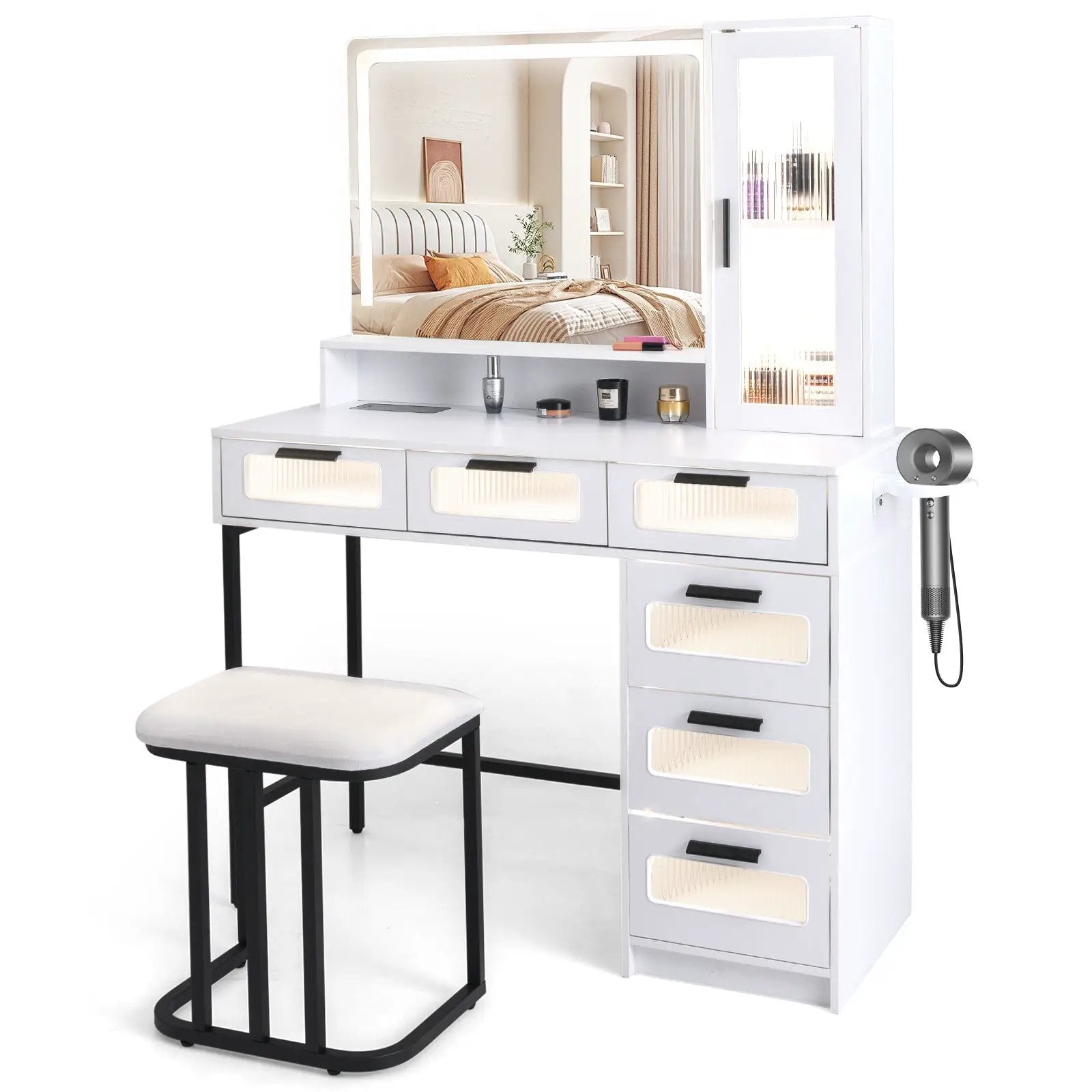 Makeup Vanity Dressing Table and Stool Set with Lights and Charging Station-White by DirectDeals