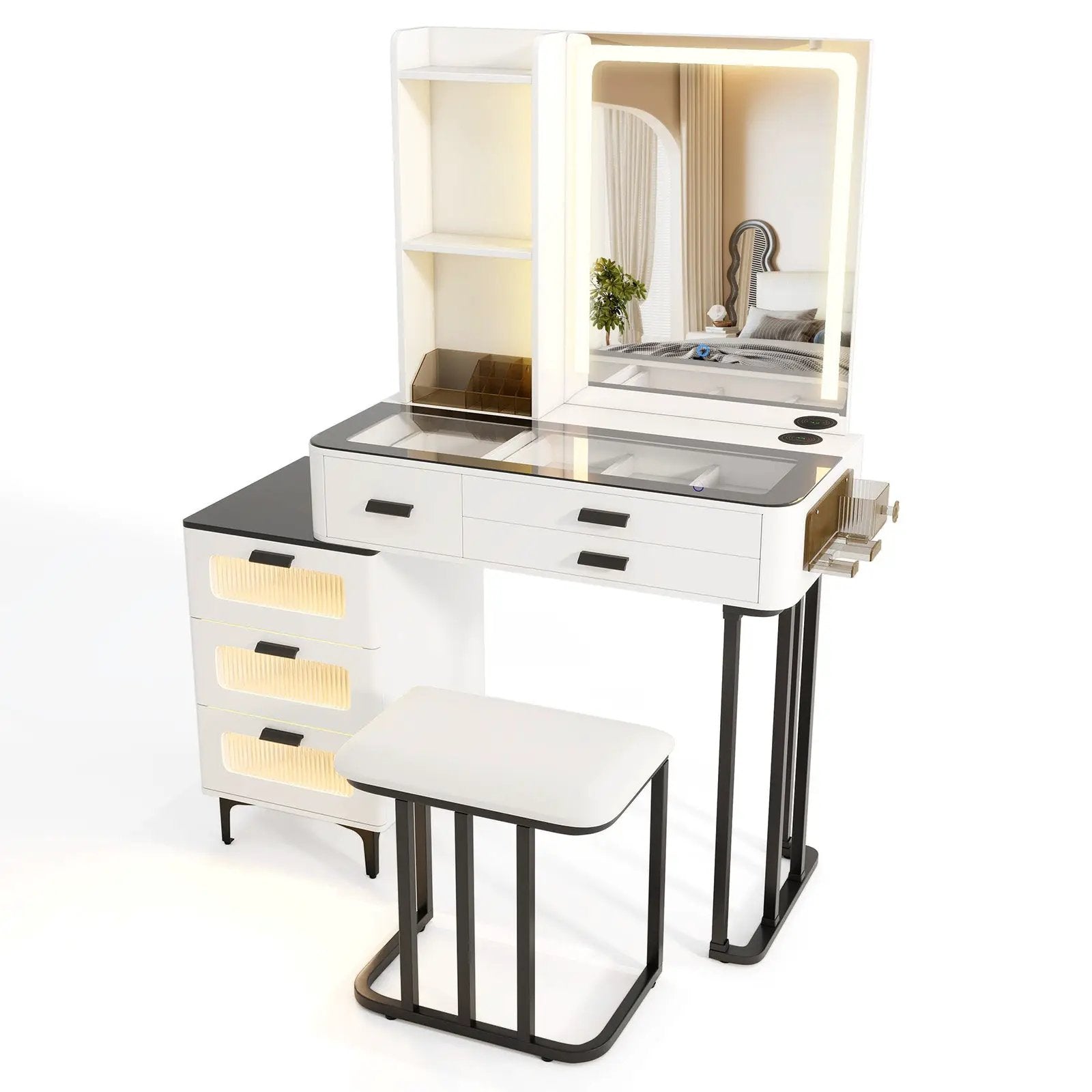 Makeup Vanity Dressing Table and Stool Set with Mirror and 3-Color LED Lights-White by DirectDeals