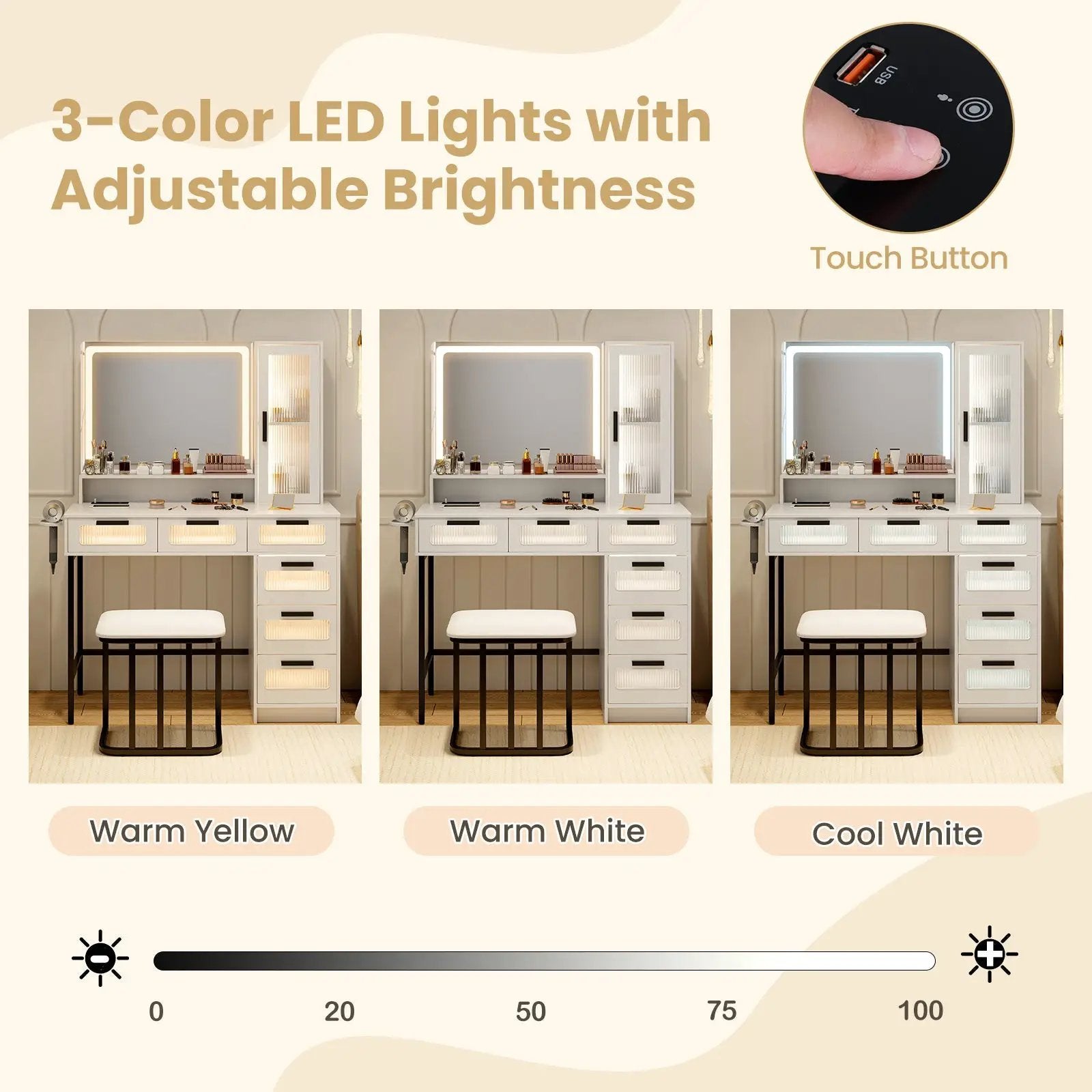 Makeup Vanity Dressing Table and Stool Set with Lights and Charging Station-White by DirectDeals