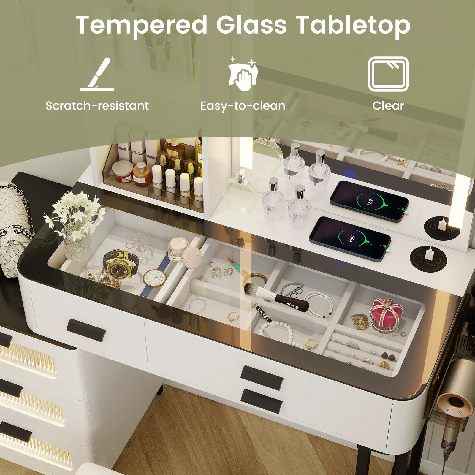 Makeup Vanity Dressing Table and Stool Set with Mirror and 3-Color LED Lights-White by DirectDeals