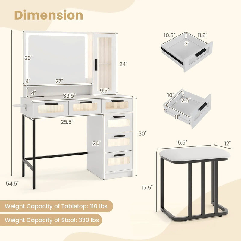 Makeup Vanity Dressing Table and Stool Set with Lights and Charging Station-White by DirectDeals