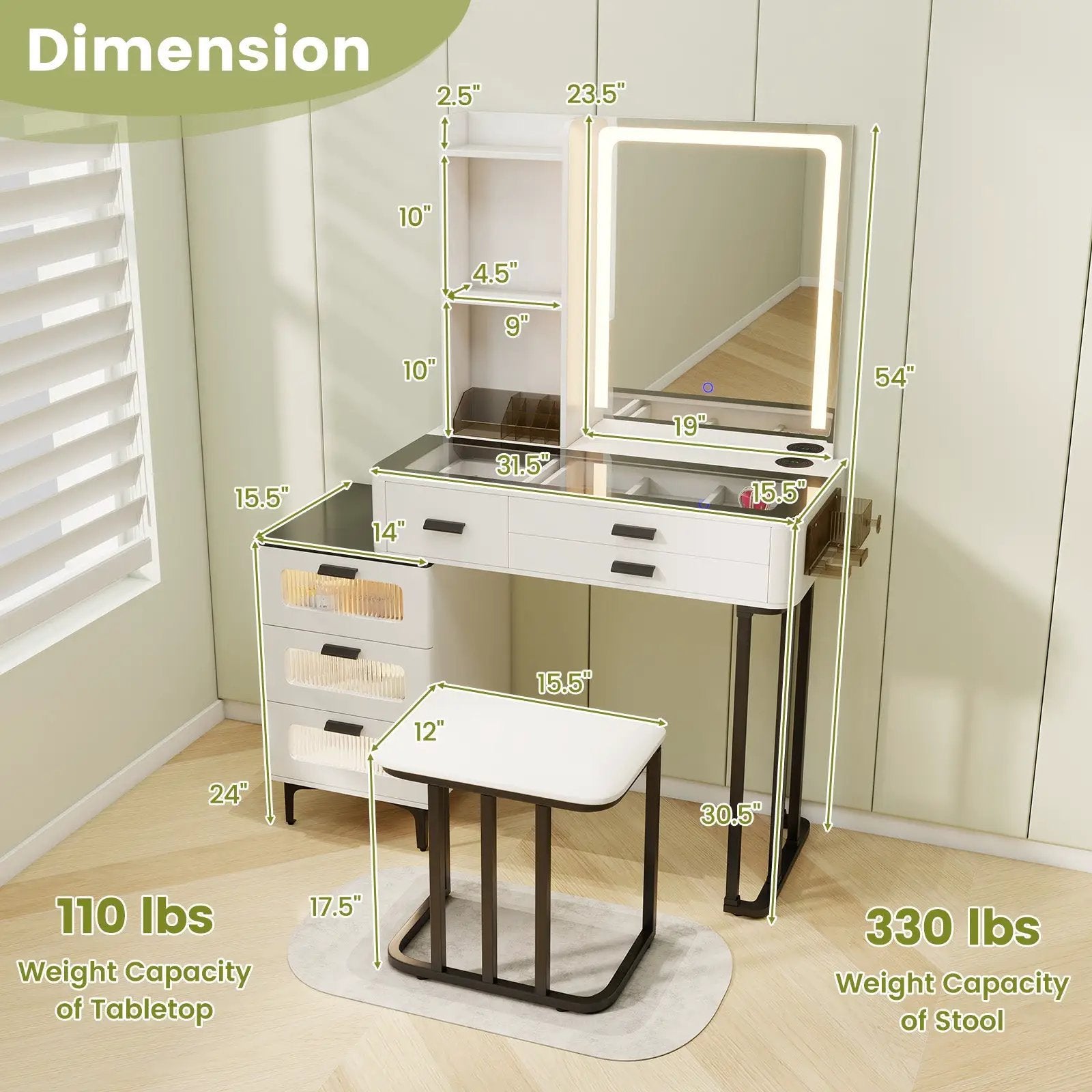 Makeup Vanity Dressing Table and Stool Set with Mirror and 3-Color LED Lights-White by DirectDeals