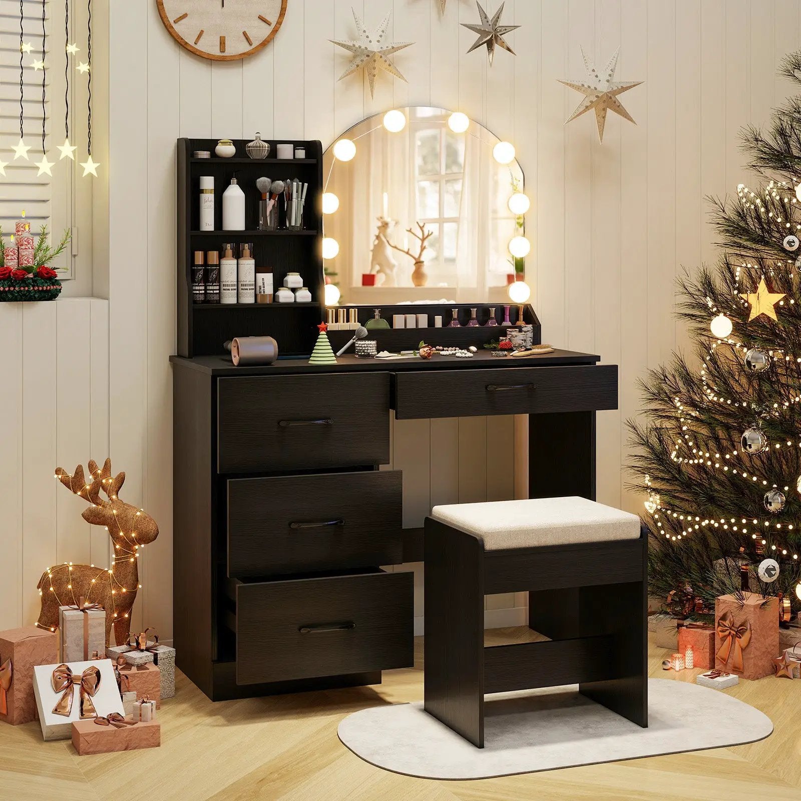 Makeup Vanity Desk Dressing Table and Stool Set with Mirror and Lights by DirectDeals