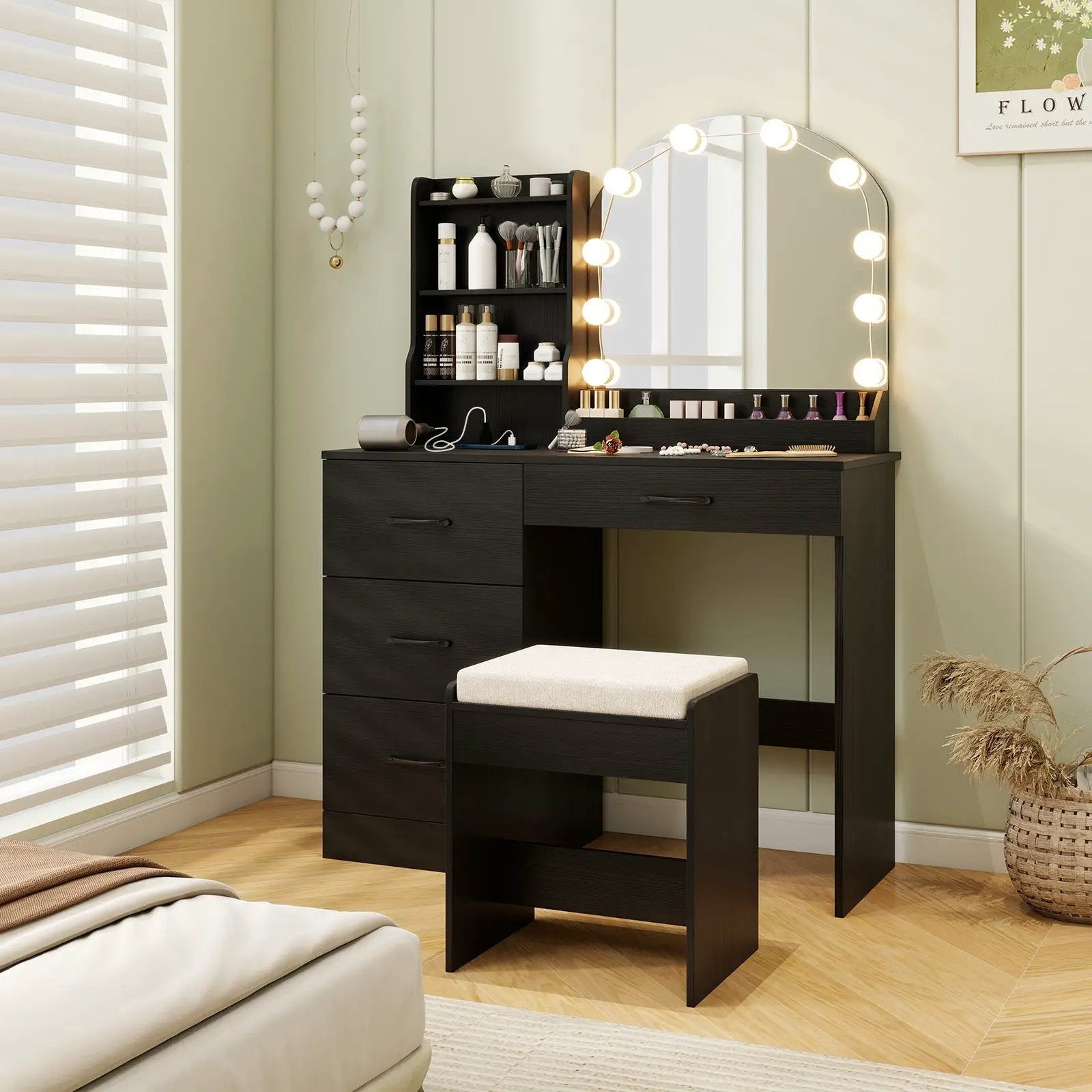 Makeup Vanity Desk Dressing Table and Stool Set with Mirror and Lights by DirectDeals