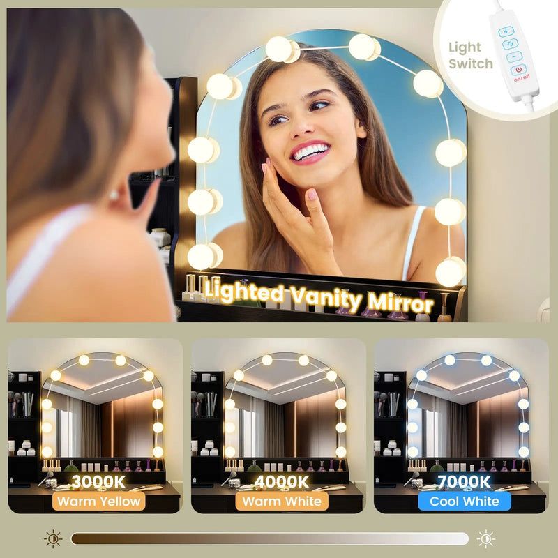 Makeup Vanity Desk Dressing Table and Stool Set with Mirror and Lights by DirectDeals