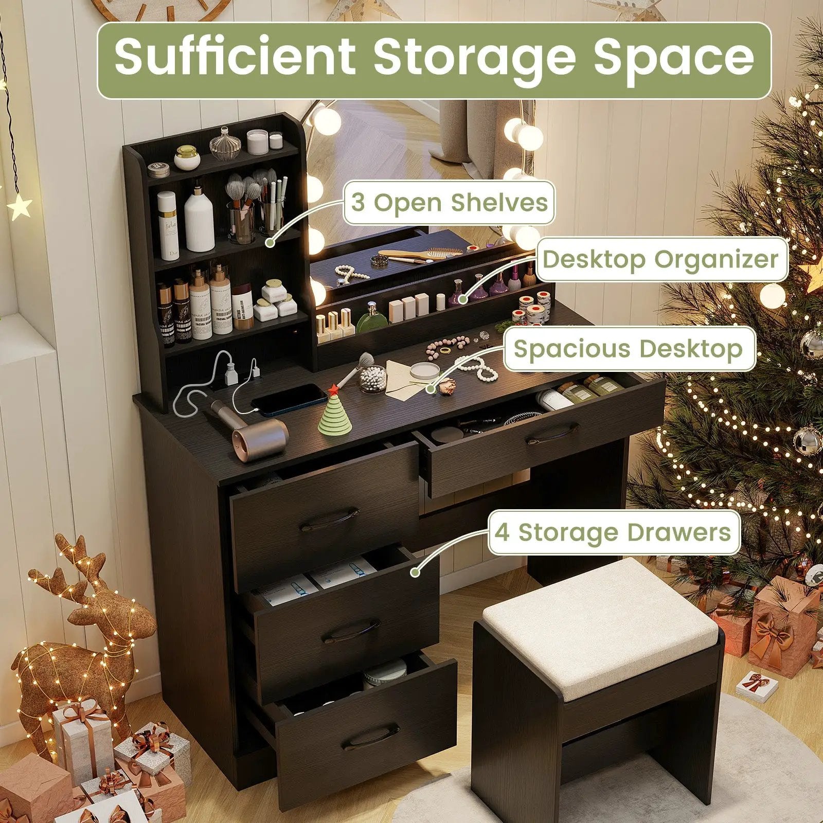 Makeup Vanity Desk Dressing Table and Stool Set with Mirror and Lights by DirectDeals