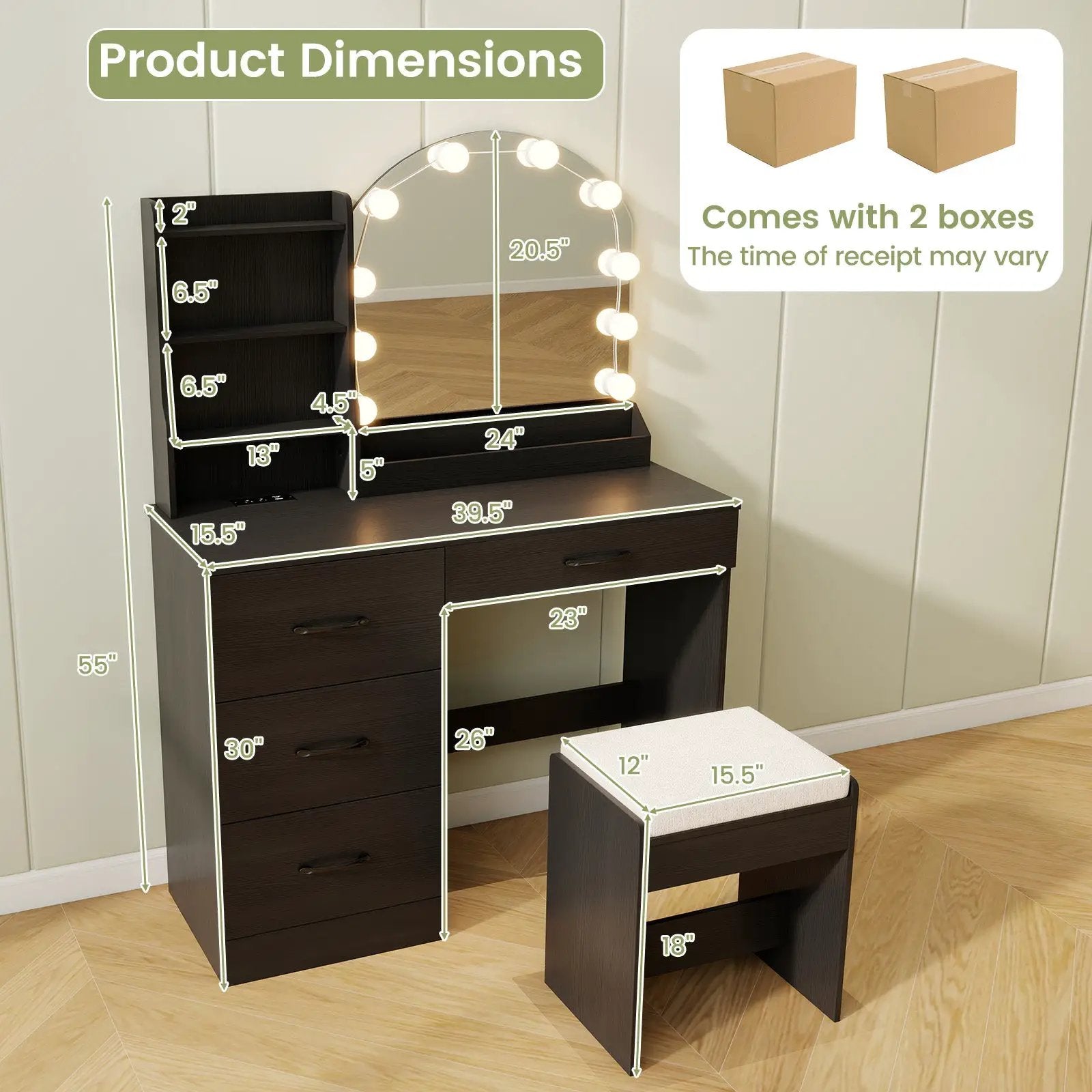 Makeup Vanity Desk Dressing Table and Stool Set with Mirror and Lights by DirectDeals