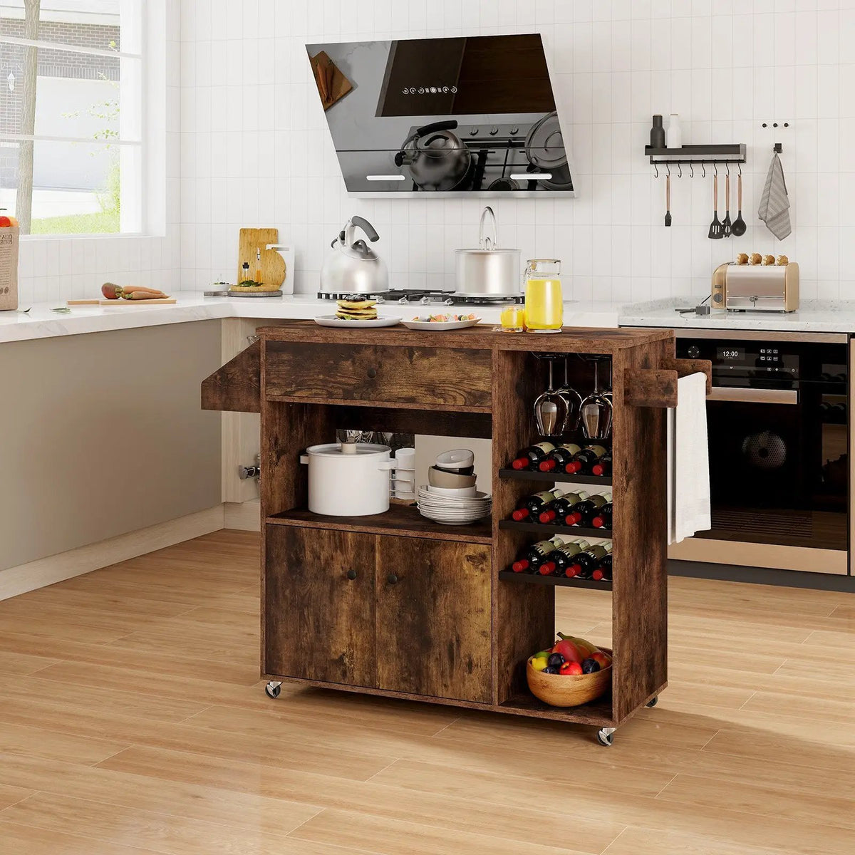 Drop Leaf Mobile Kitchen Island Cart with Power Outlet and Adjustable Shelf-Rustic Brown by DirectDeals
