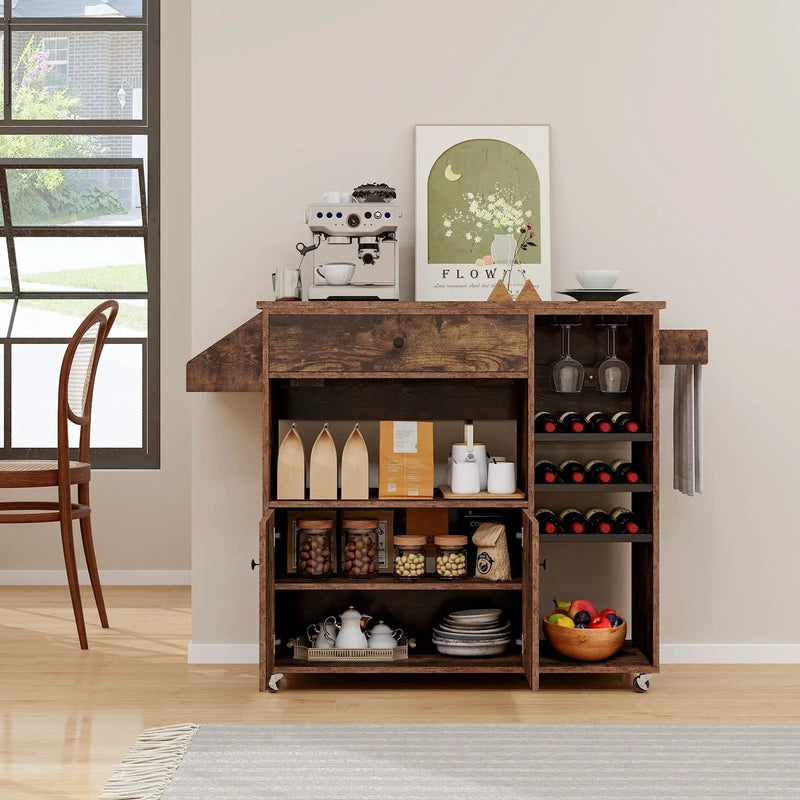 Drop Leaf Mobile Kitchen Island Cart with Power Outlet and Adjustable Shelf-Rustic Brown by DirectDeals