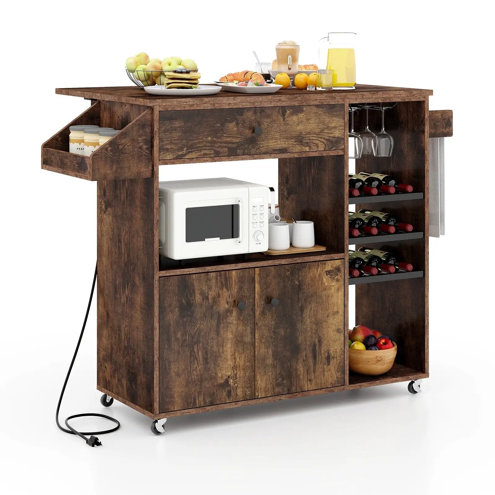 Drop Leaf Mobile Kitchen Island Cart with Power Outlet and Adjustable Shelf-Rustic Brown by DirectDeals