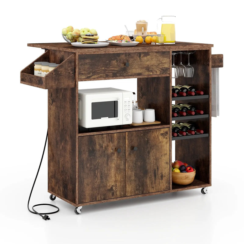 Drop Leaf Mobile Kitchen Island Cart with Power Outlet and Adjustable Shelf-Rustic Brown by DirectDeals