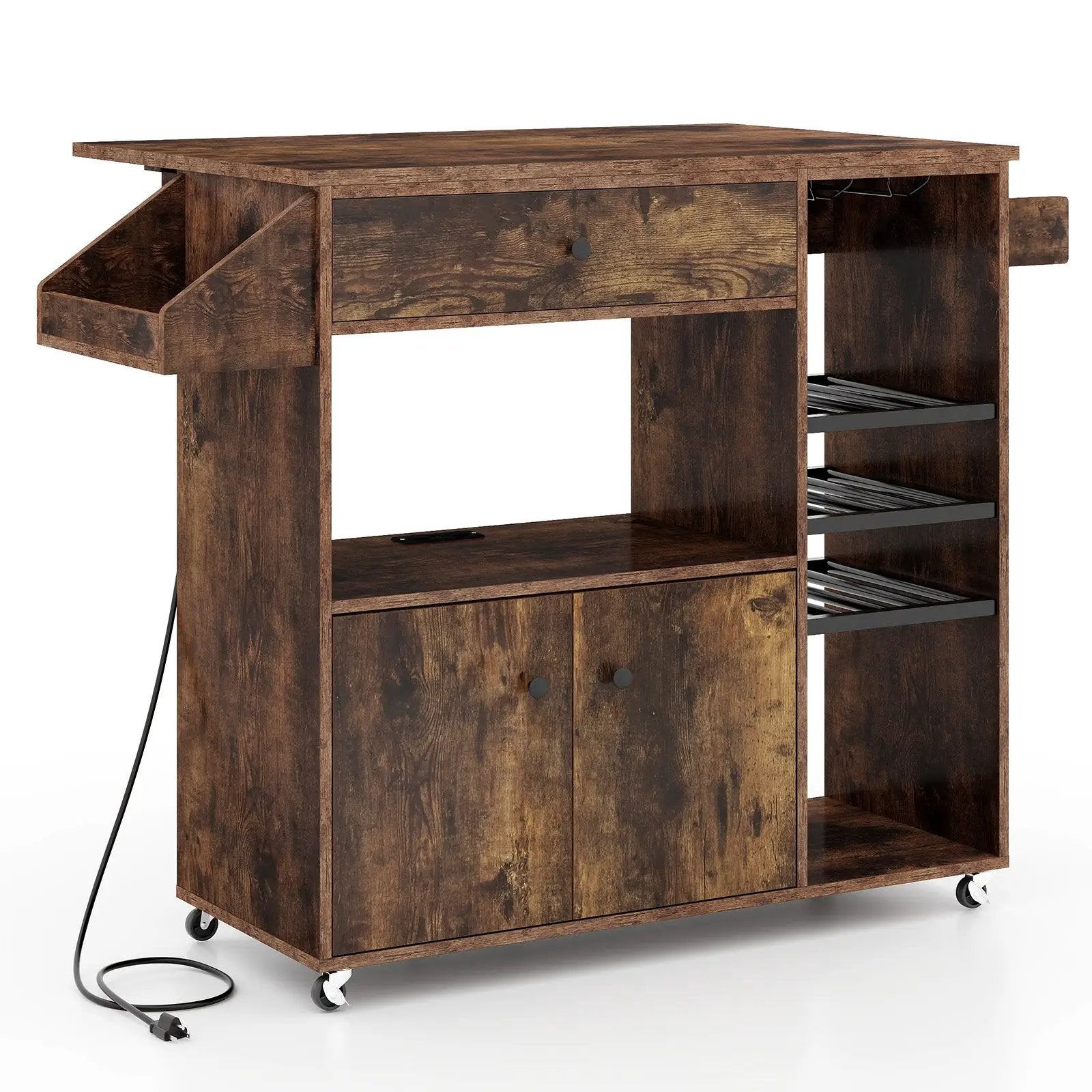 Drop Leaf Mobile Kitchen Island Cart with Power Outlet and Adjustable Shelf-Rustic Brown by DirectDeals