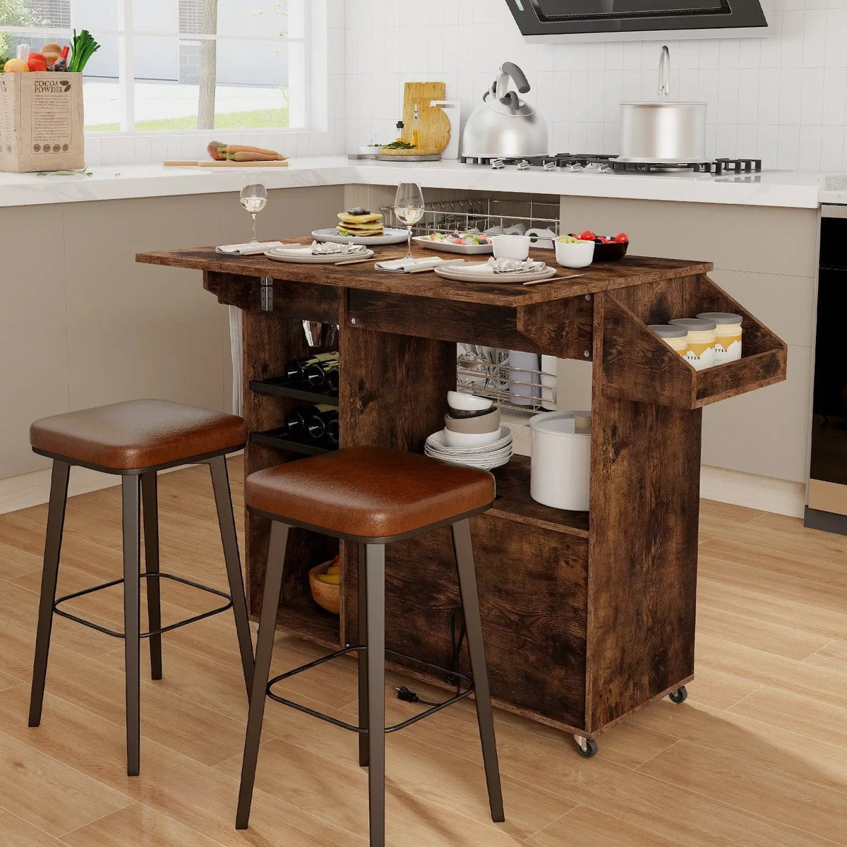Drop Leaf Mobile Kitchen Island Cart with Power Outlet and Adjustable Shelf-Rustic Brown by DirectDeals