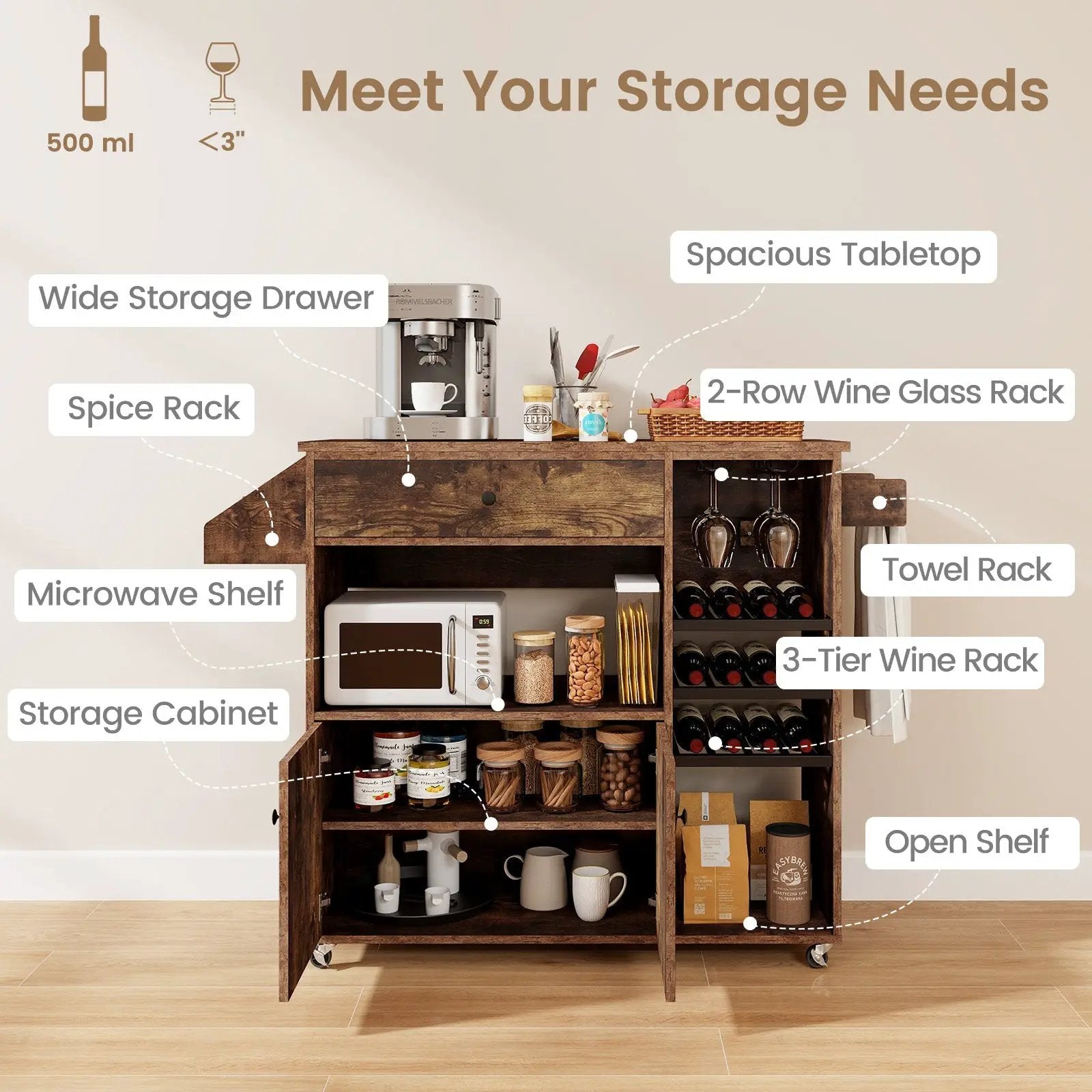 Drop Leaf Mobile Kitchen Island Cart with Power Outlet and Adjustable Shelf-Rustic Brown by DirectDeals