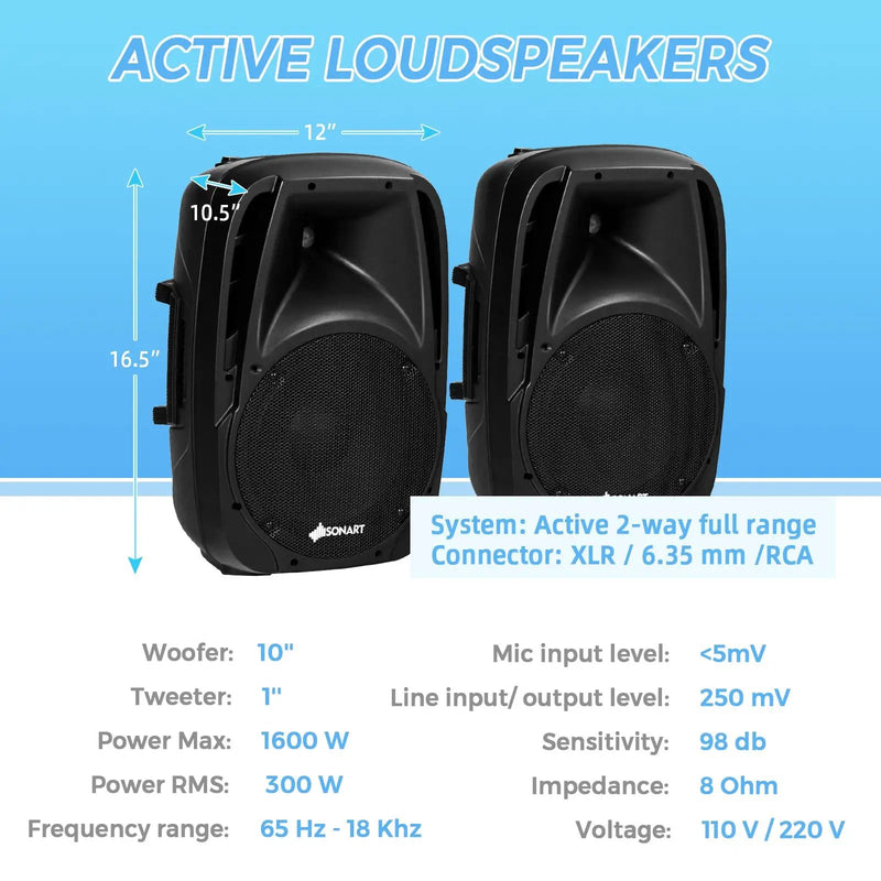 Dual 10 Inch 1600W Powered Mic Speaker Speakers with Bluetooth by DirectDeals