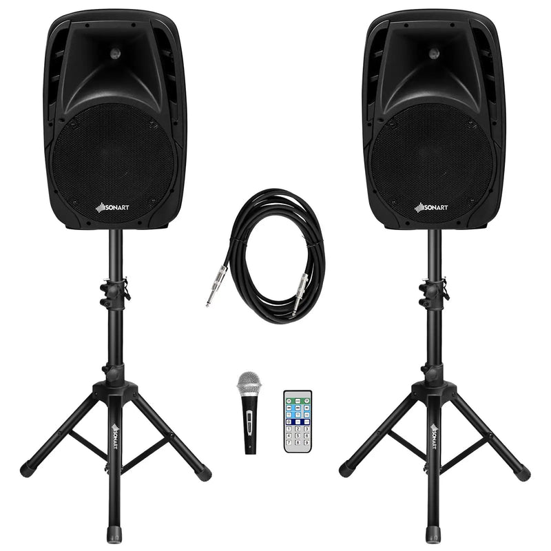 Dual 10 Inch 1600W Powered Mic Speaker Speakers with Bluetooth by DirectDeals