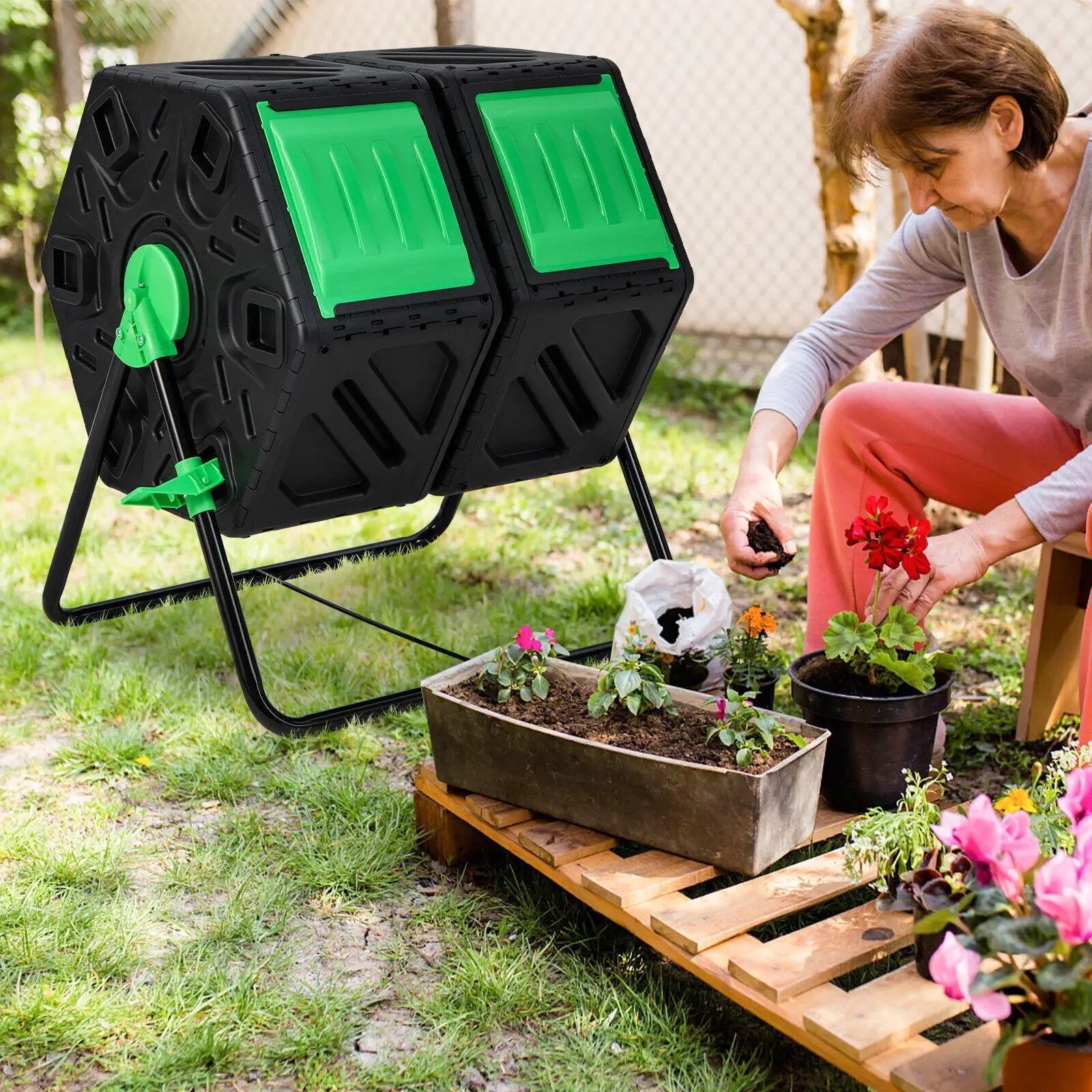 Dual Chamber Garden Compost Tumbler with Sliding Doors-Black & Green by DirectDeals