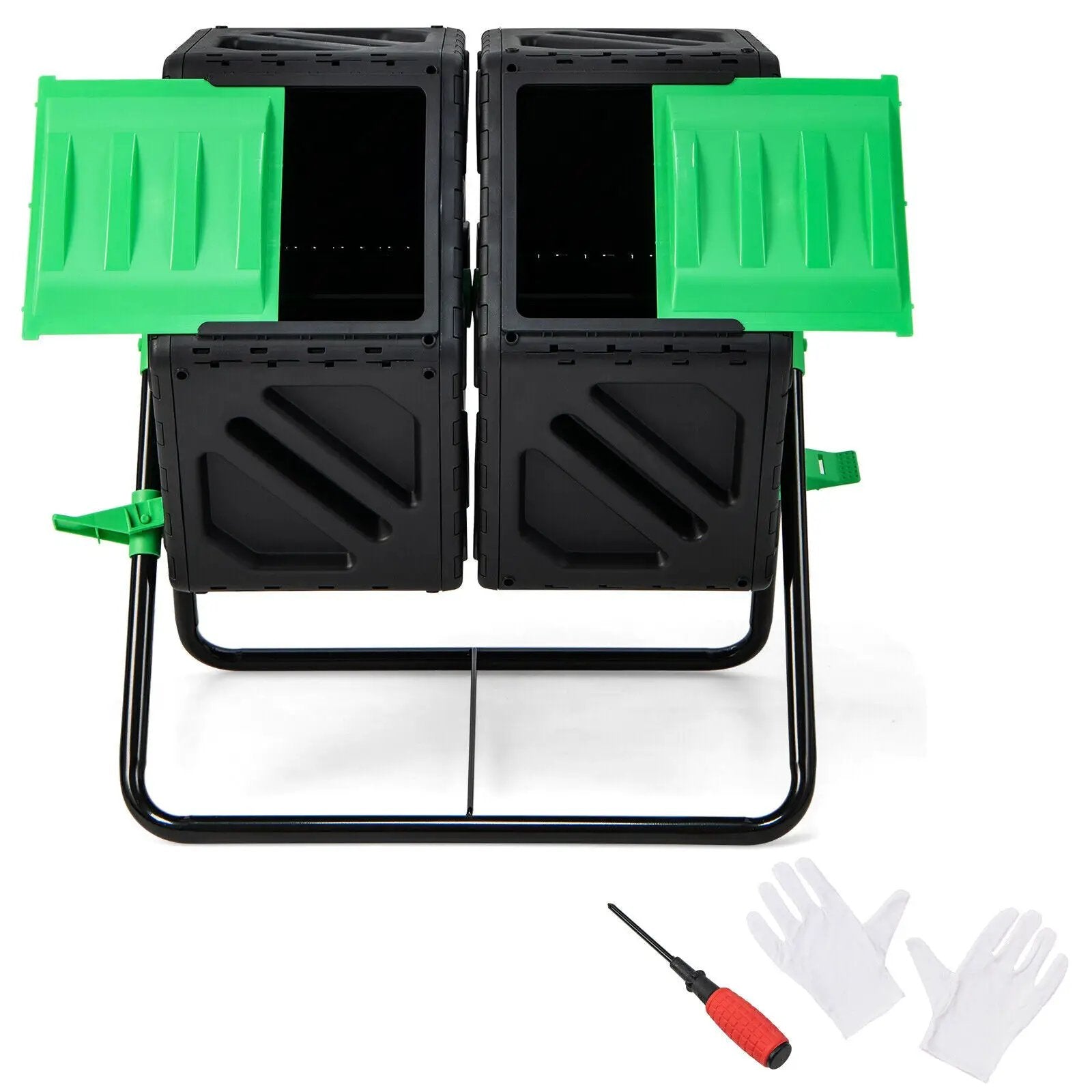 Dual Chamber Garden Compost Tumbler with Sliding Doors-Black & Green by DirectDeals