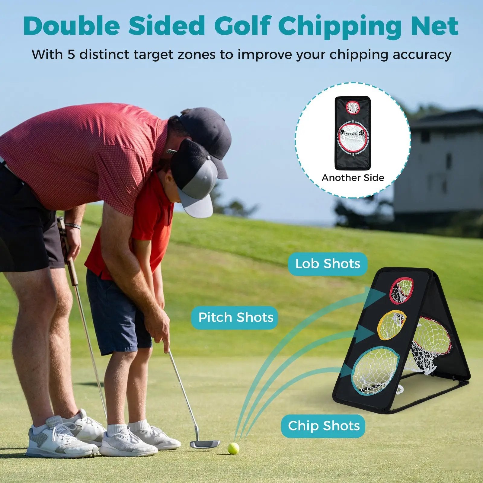 Dual-Sided Golf Chipping Net Triple Target Training System with 5 Target Holes by DirectDeals