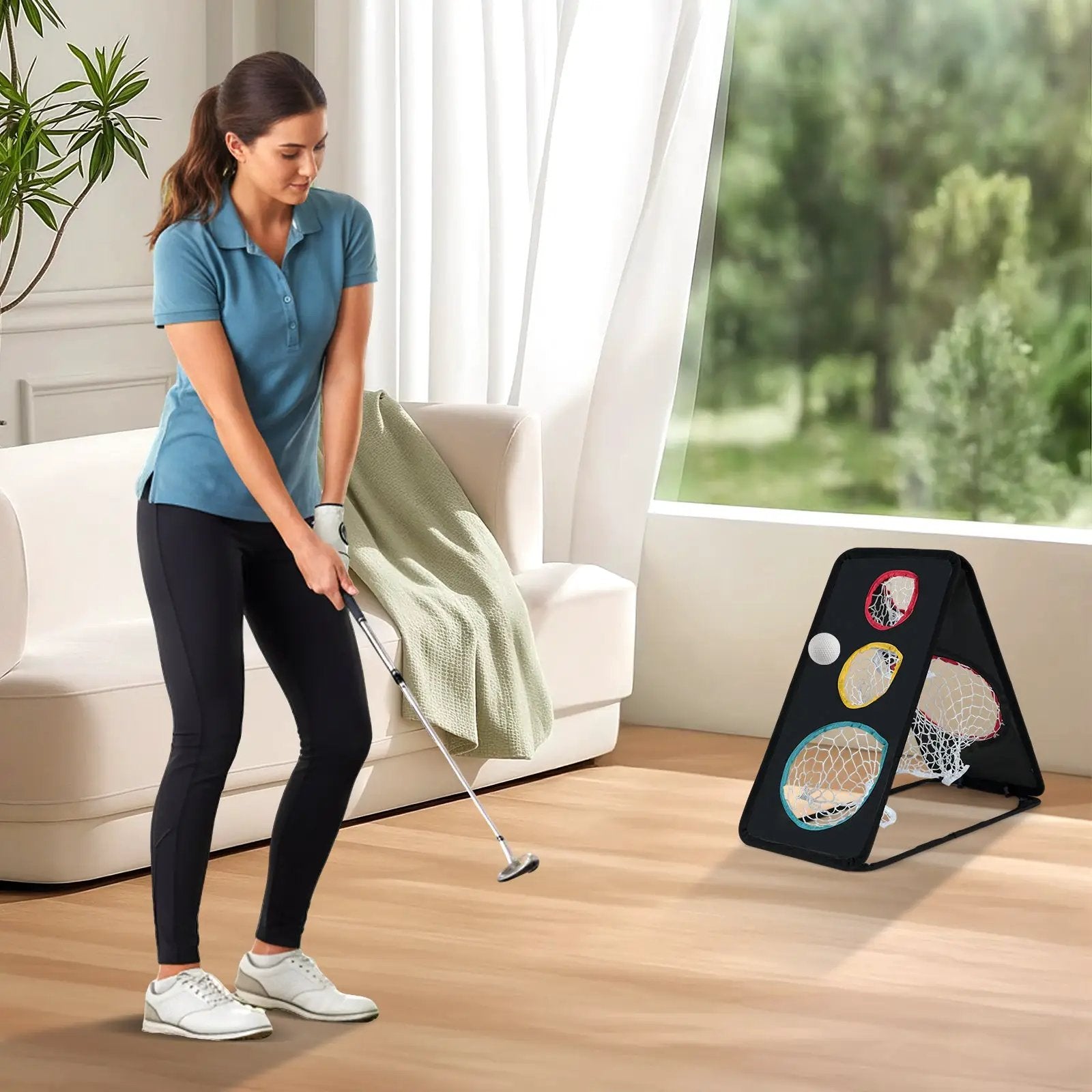 Dual-Sided Golf Chipping Net Triple Target Training System with 5 Target Holes by DirectDeals