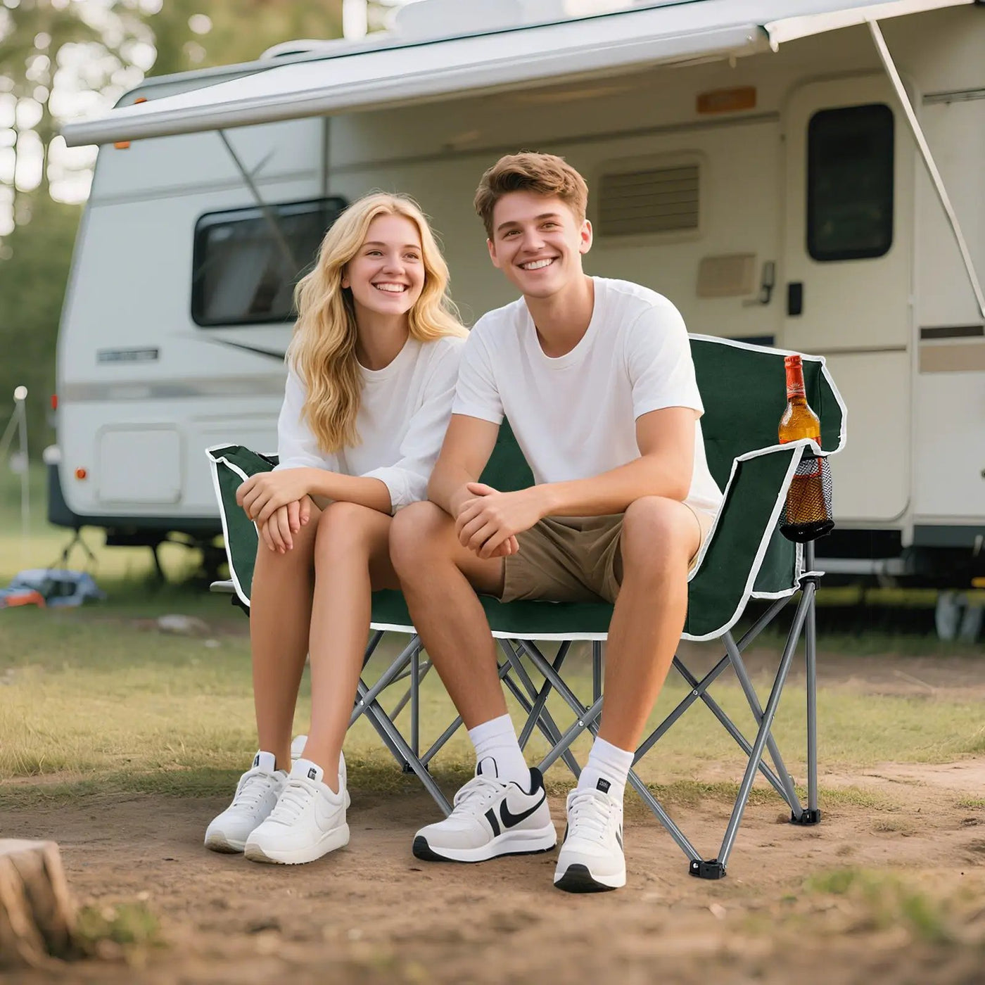 Duo Camping Chair Portable Oversized Loveseat with Armrests and Cup Holders-Green by DirectDeals