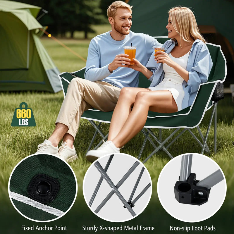 Duo Camping Chair Portable Oversized Loveseat with Armrests and Cup Holders-Green by DirectDeals
