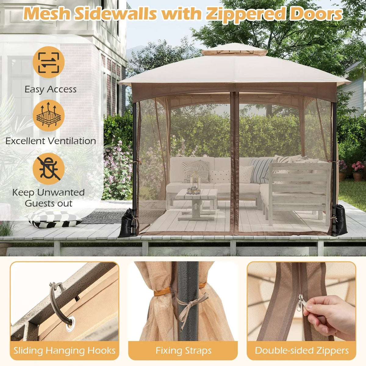 10 X 10 FT Heavy-Duty Patio Gazebo with Netting Walls and 4 Sandbags by DirectDeals