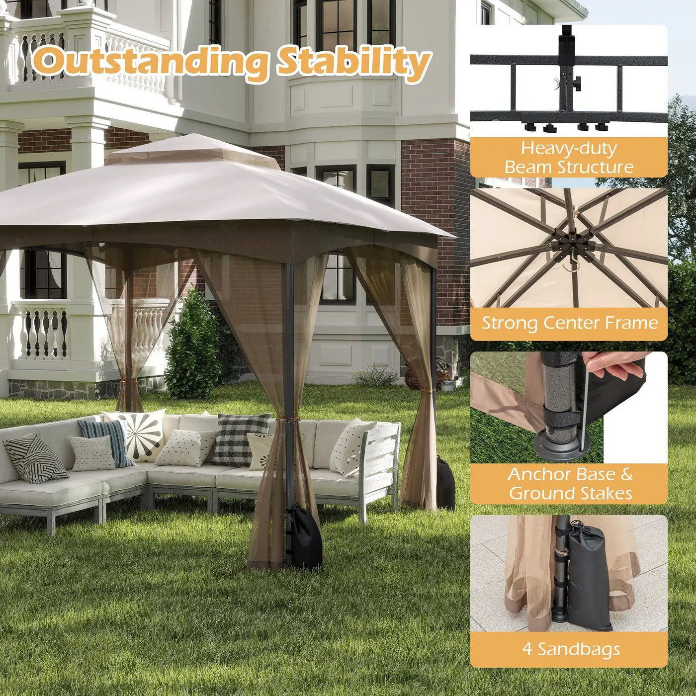 10 X 10 FT Heavy-Duty Patio Gazebo with Netting Walls and 4 Sandbags by DirectDeals