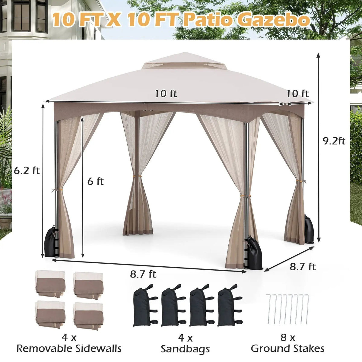 10 X 10 FT Heavy-Duty Patio Gazebo with Netting Walls and 4 Sandbags by DirectDeals