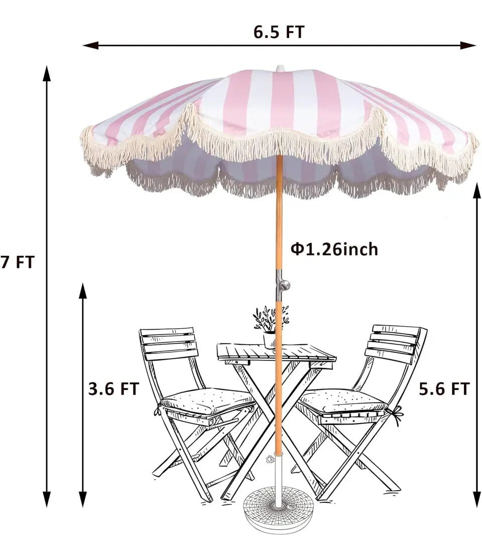 Open Box Funsite 6.5ft Boho Beach Umbrella with Fringe, UPF 50+ Tassel Umbrellas with Carry Bag, Premium Wood Pole Foldable Patio Umbrella for Outdoor by Selzalot