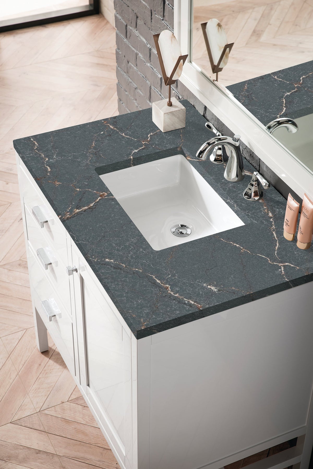 James Martin Addison 36" Single Bathroom Vanity, Glossy White with Parisien Bleu countertop