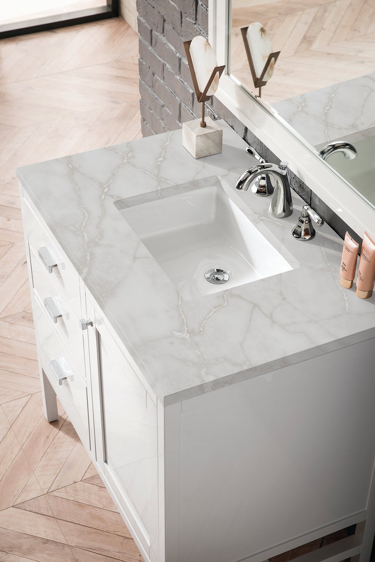 James Martin Addison 36" Single Bathroom Vanity, Glossy White with Victorian Silver countertop