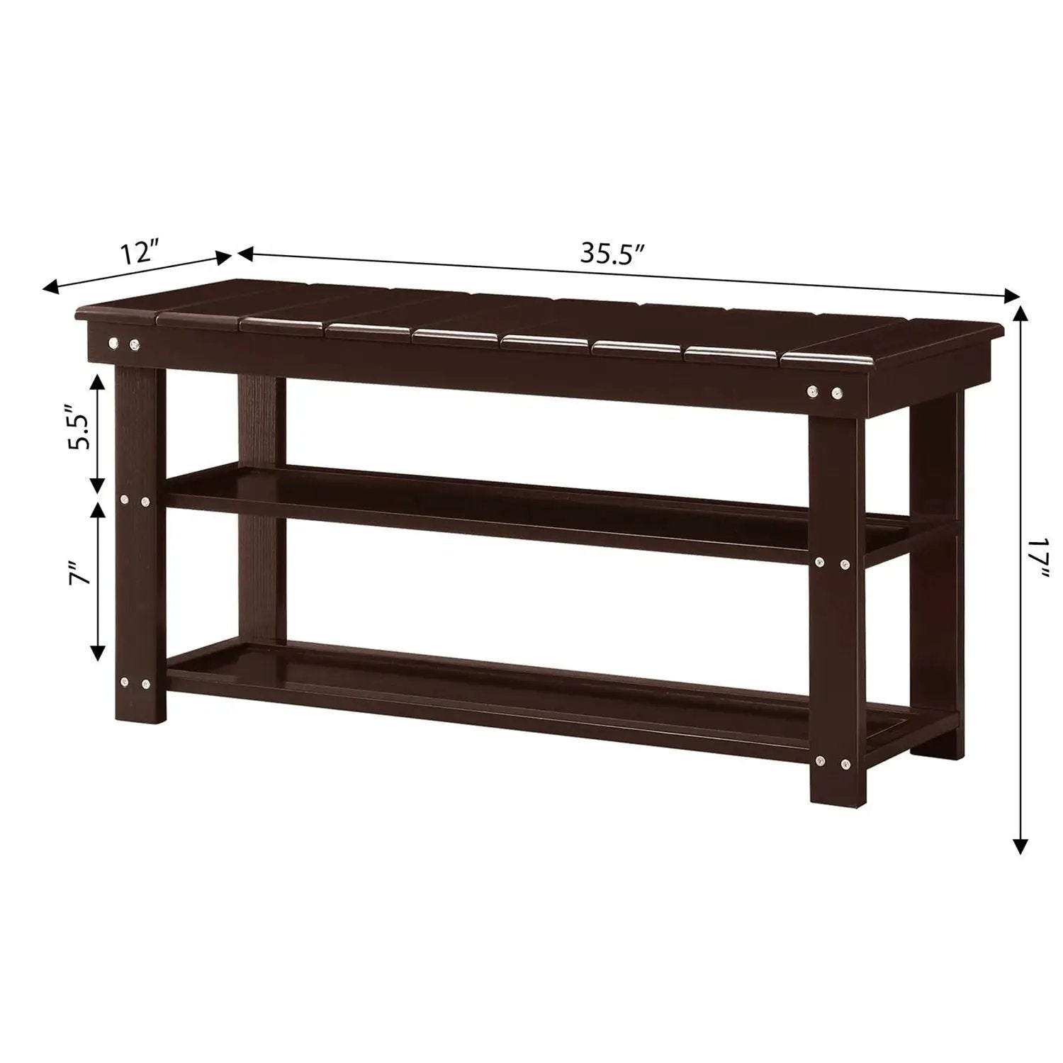 Espresso Brown Wood 2-Shelf Shoe Rack Storage Bench For Entryway or Closet by HomePacific