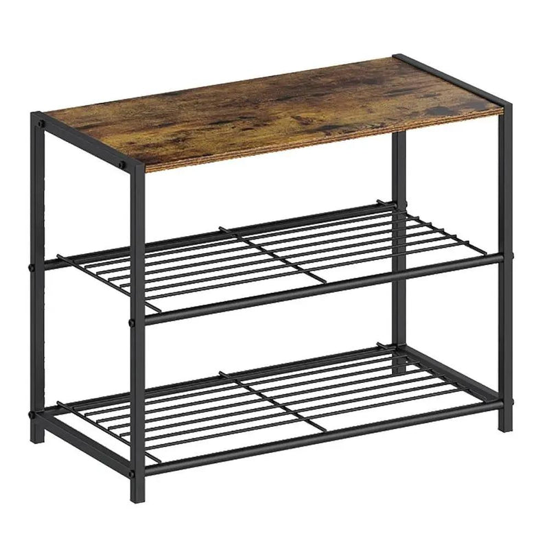 2-Shelf Entryway Shoe Rack Bench with Black Metal Frame and Brown Wood Top by HomePacific