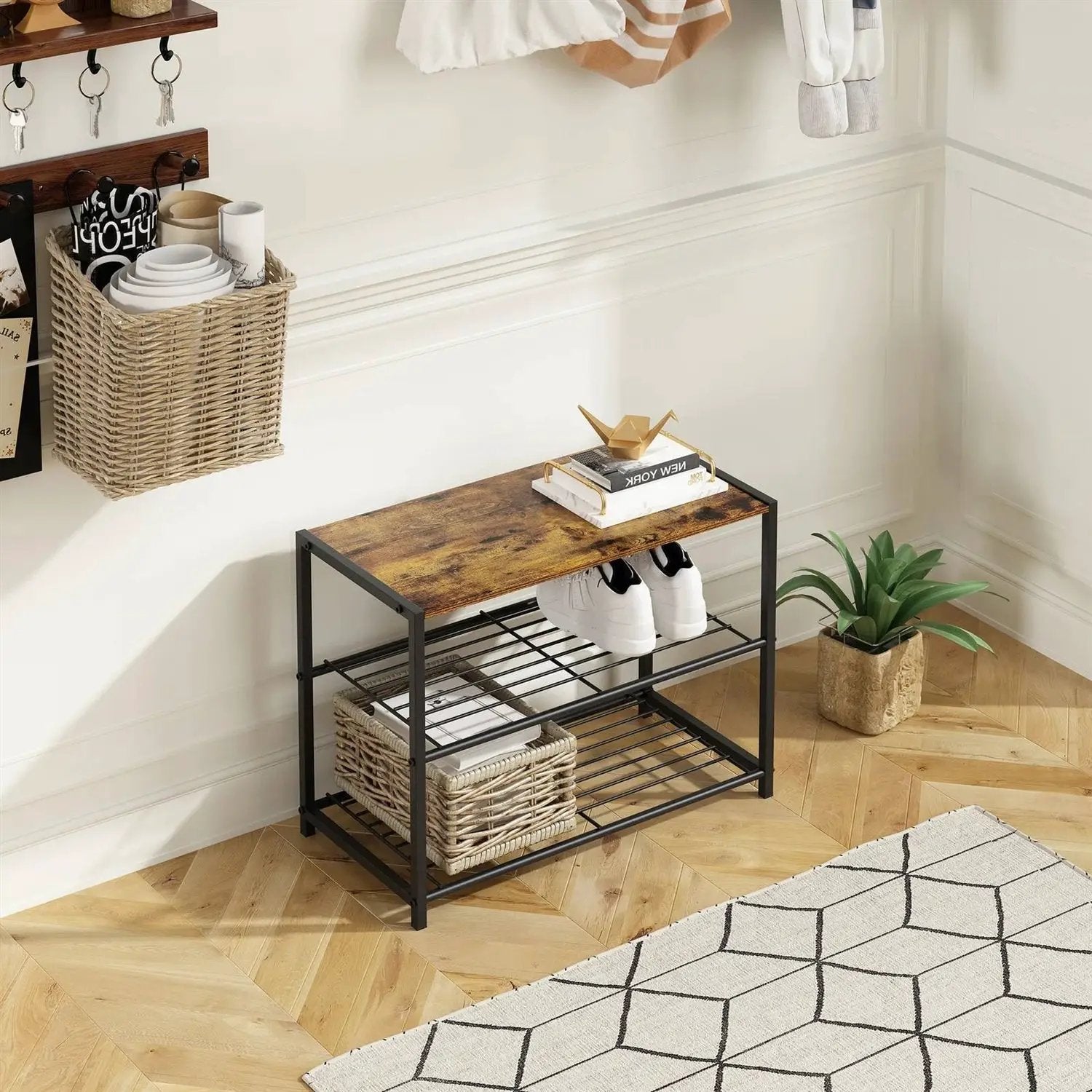 2-Shelf Entryway Shoe Rack Bench with Black Metal Frame and Brown Wood Top by HomePacific