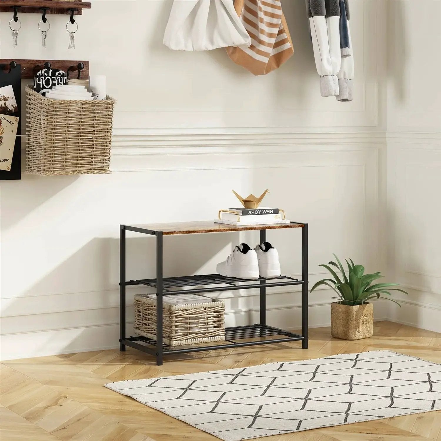 2-Shelf Entryway Shoe Rack Bench with Black Metal Frame and Brown Wood Top by HomePacific
