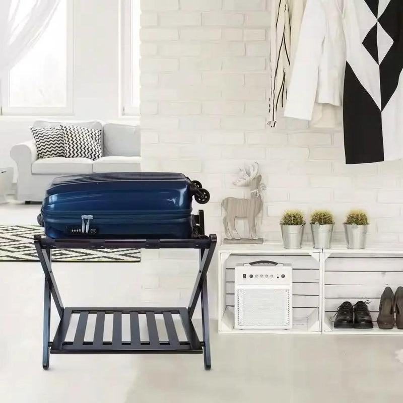 Heavy Duty Solid Wood Luggage Rack with Bottom Storage Shelf in Dark Brown by HomePacific
