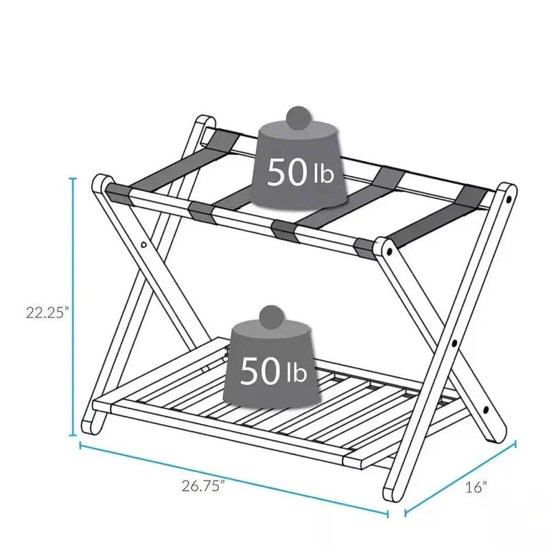 Heavy Duty Solid Wood Luggage Rack with Bottom Storage Shelf in Dark Brown by HomePacific