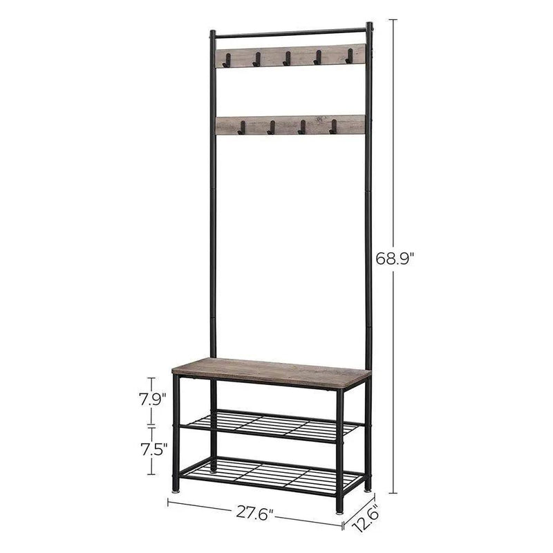 Modern Industrial Black Grey Entryway Coat Rack Shoe Bench with 2 Shelves by HomePacific