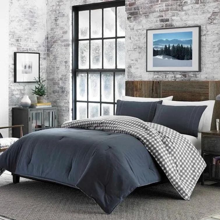 Full/Queen size 100% Cotton Reverse Plaid Gray/White Comforter Set by HomePacific