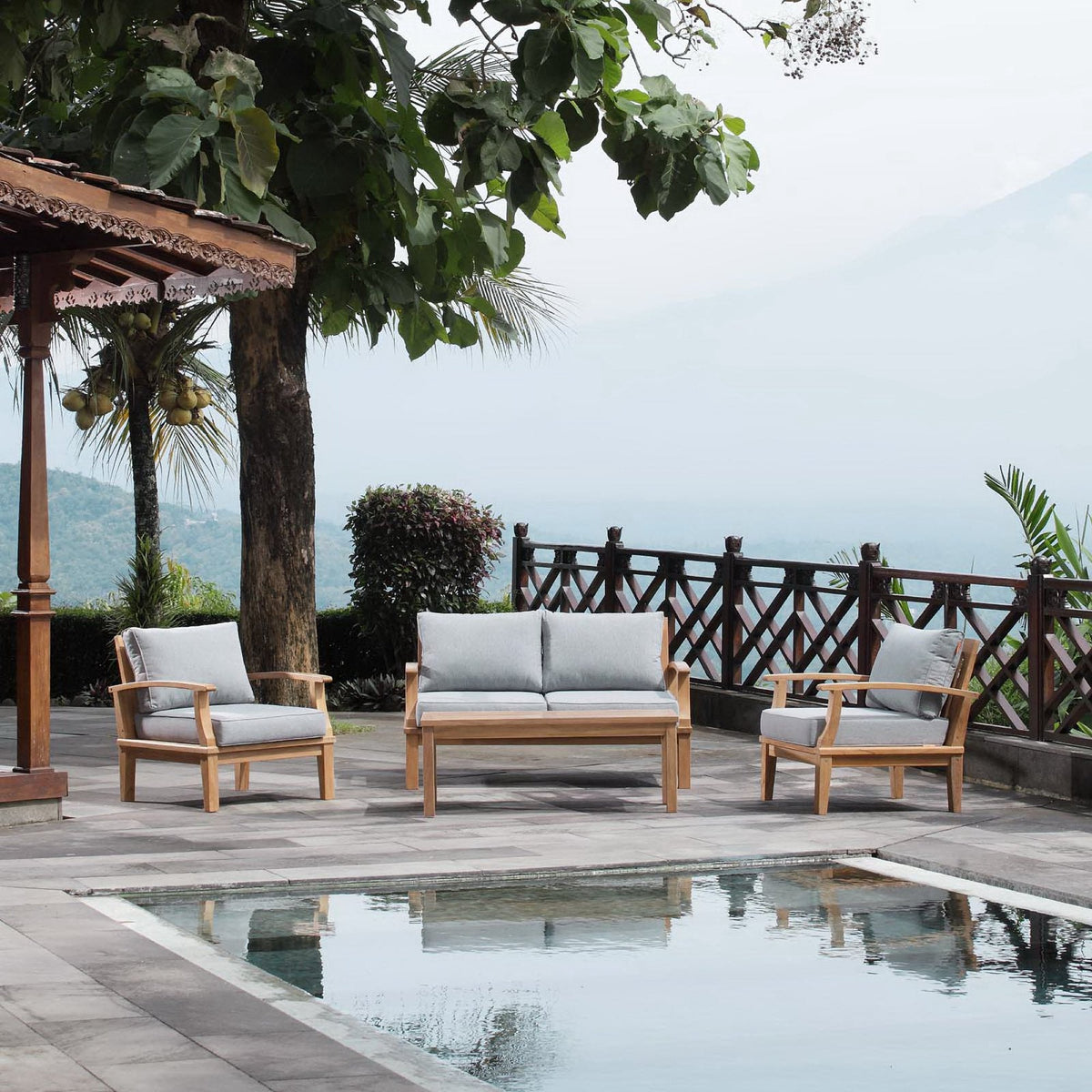 Marina 4 Piece Outdoor Patio Teak Set by Modway - Natural Gray / Natural Navy / Natural White (EEI-1469), photo 8 of 23