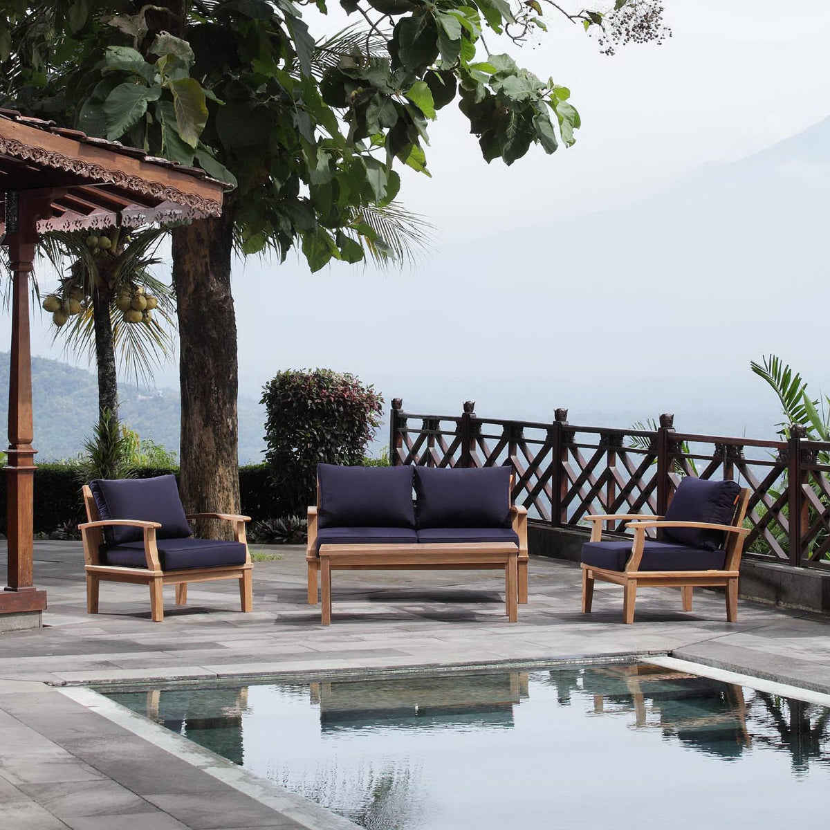 Marina 4 Piece Outdoor Patio Teak Set by Modway - Natural Gray / Natural Navy / Natural White (EEI-1469), photo 16 of 23
