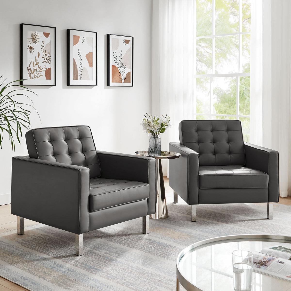 Loft Tufted Vegan Leather Armchairs Set of 2 by Modway, photo 15 of 32