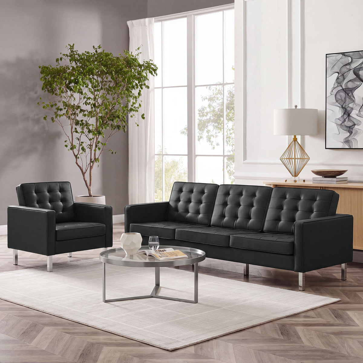Loft Tufted Upholstered Faux Leather Sofa and Armchair Set by Modway, photo 11 of 40